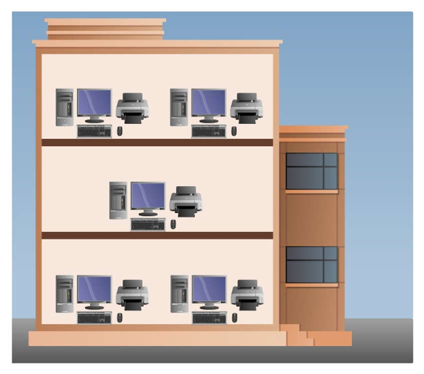 medium to large network in a three-floor building with computer systems and printers on each floor