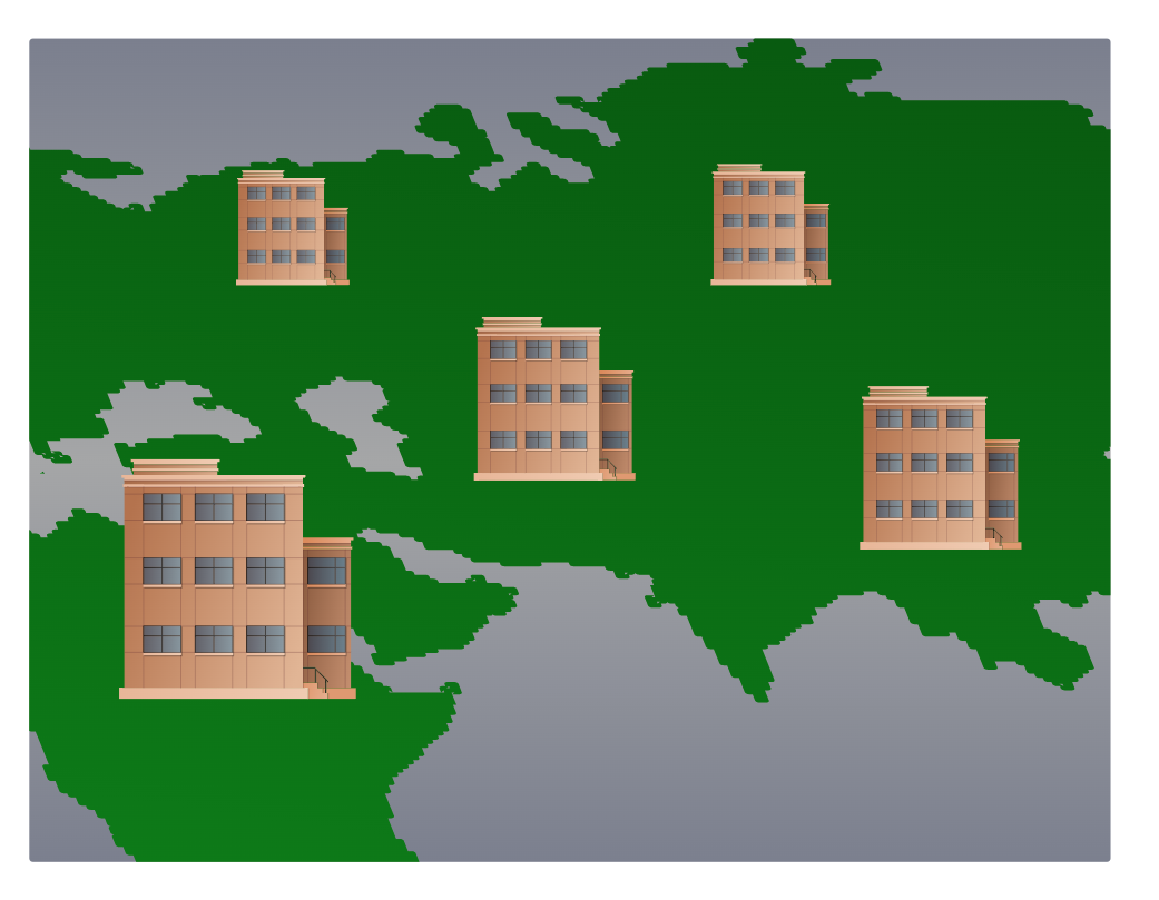 medium to large network in a three-floor building with computer systems and printers on each floor