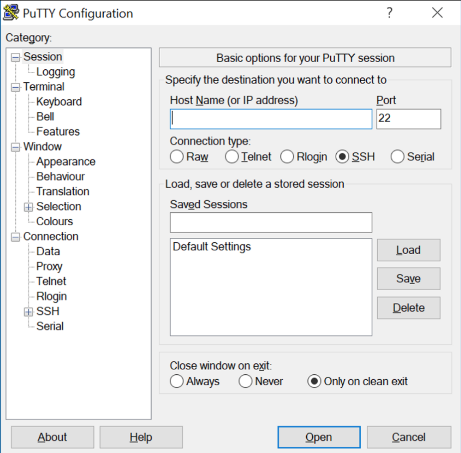 screen capture of a PuTTY interface including the various categories available, a place to specify the destination you want to connect to using a host name or IP address, the port number to be used, and the connection type