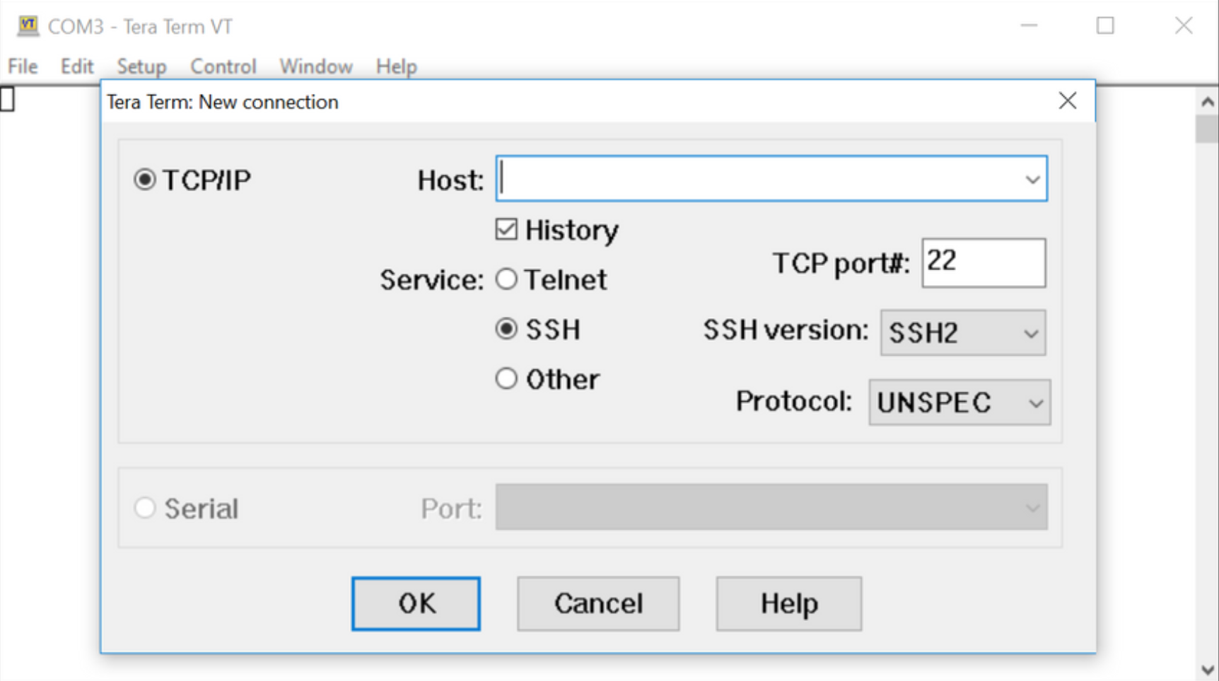 screen capture of a Tera Term session including the type of connection (TCP/IP or serial), a place to enter the host to connect to, the port number to be used, and the type of service