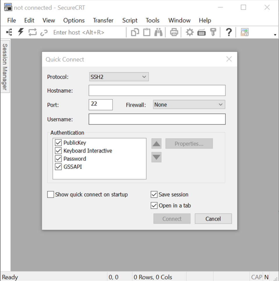 screen capture of a SecureCRT session including a place to enter the protocol to be used, the hostname, the port number, username, and authentication type