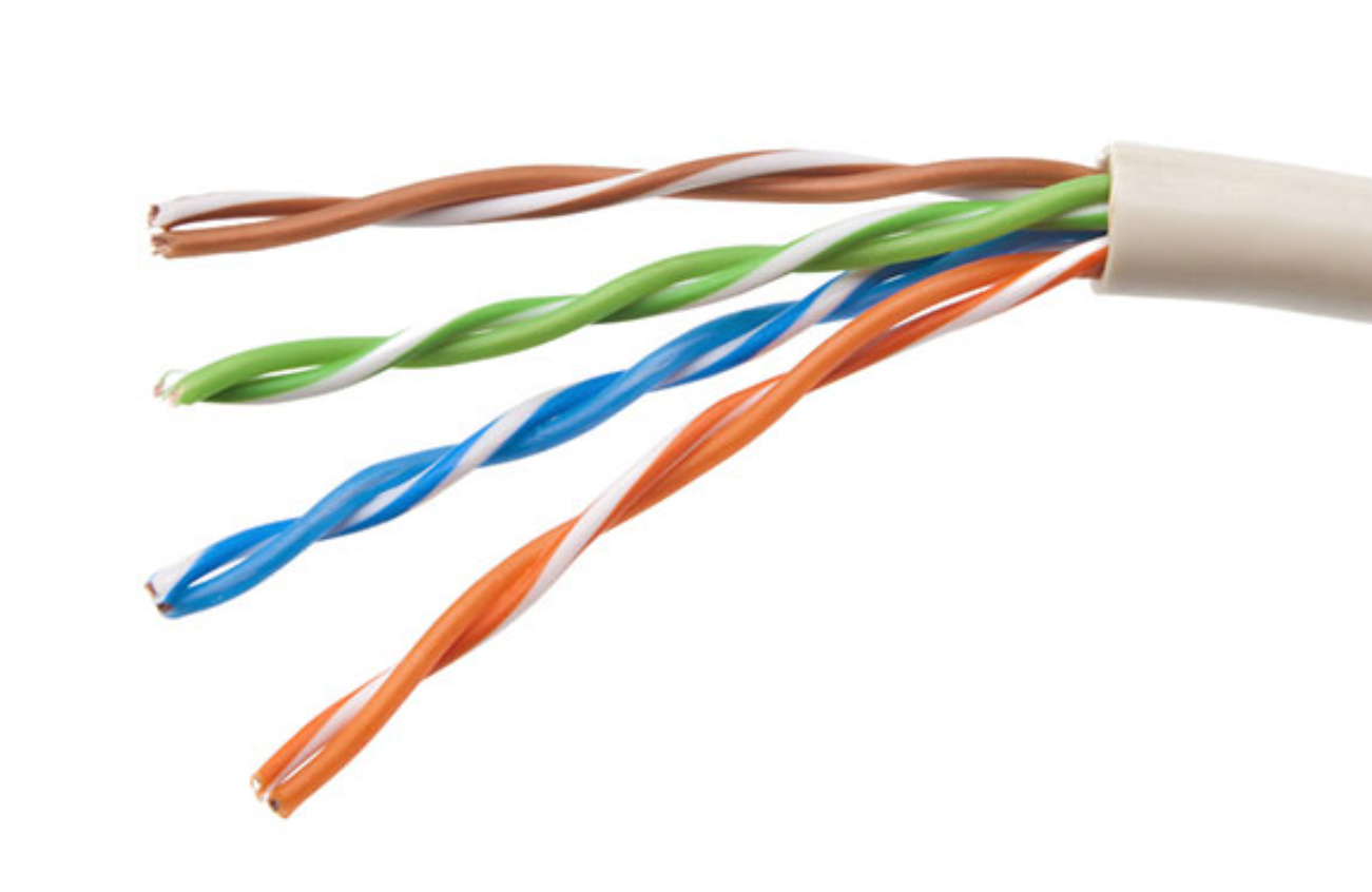 The figure shows a UTP cable with the jacket partially removed and four twisted pairs which each has a different twist ratio